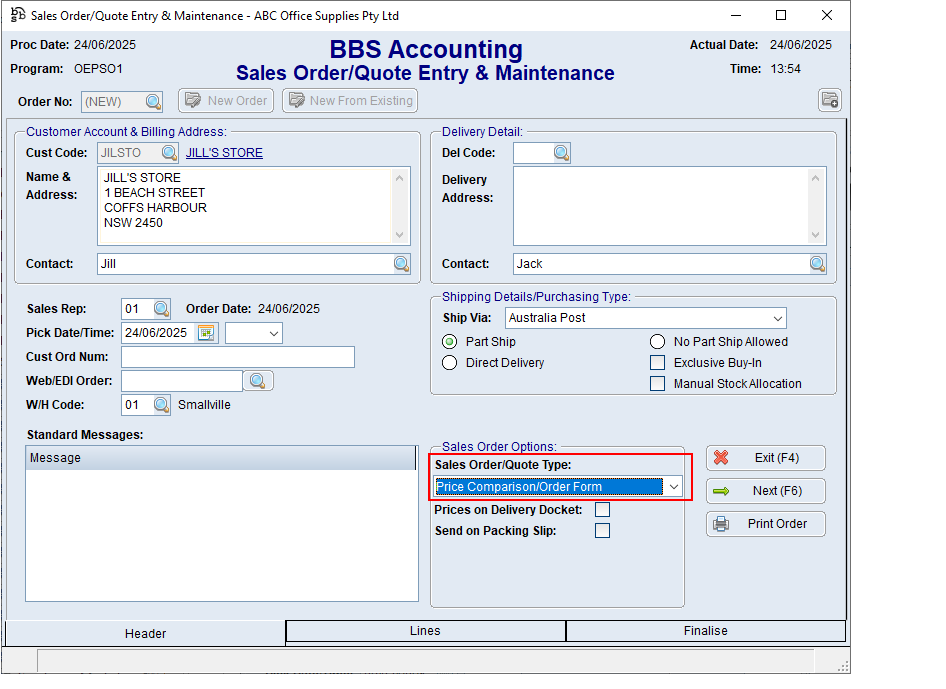 Sales Order/Quote Entry & Maintenance Header Tab Screen