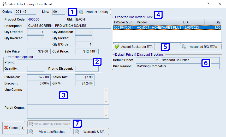 Sales Order Enquiry - Line Detail Screen
