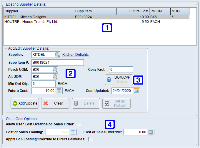 Product Masterfile Maintenance Suppliers & Cost Pricing Tab Screen