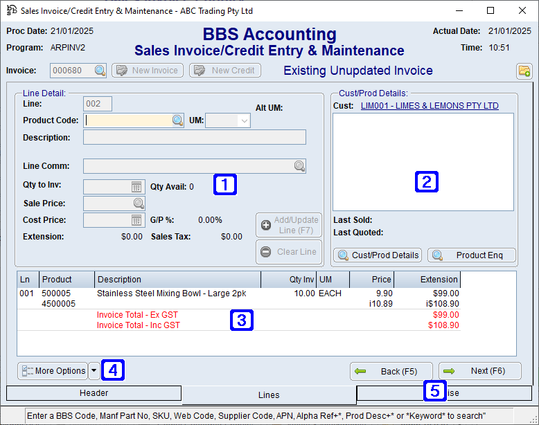 Sales Invoice/Credit Entry & Maintenance - Lines Tab Screen