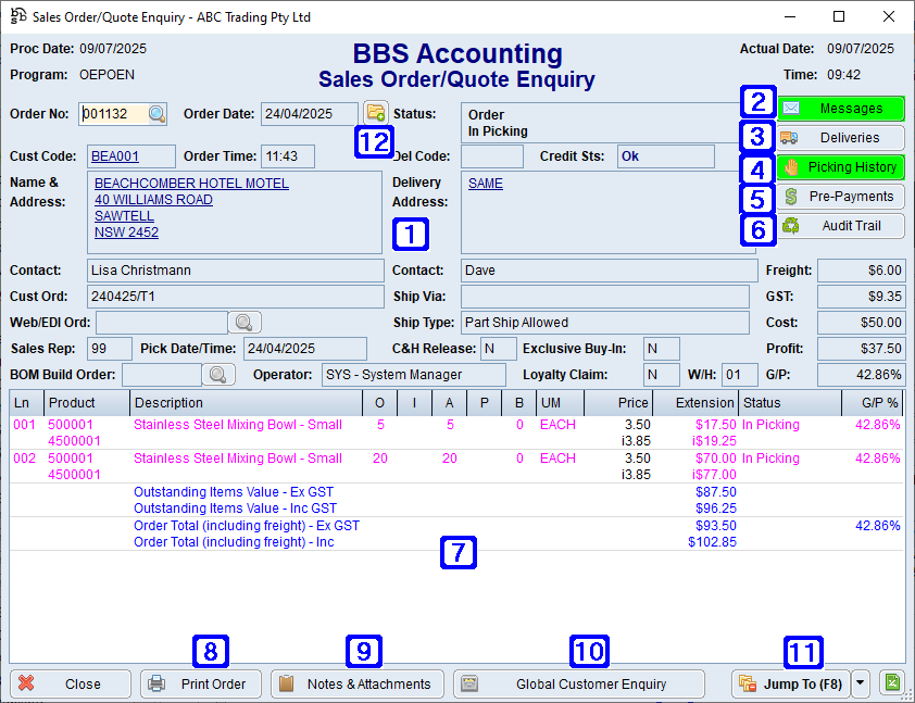 Sales Order Enquiry Screen