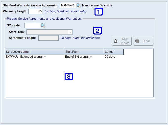 Product Masterfile Maintenance Warranty & Service Tab Screen