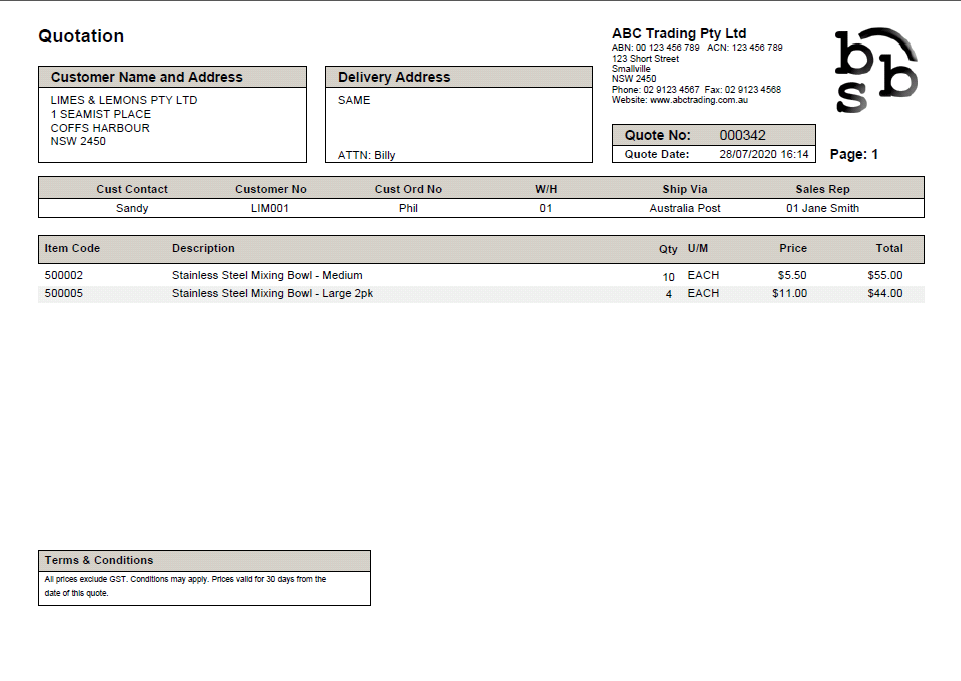 Print quotation totals box unticked - Example Print quotation totals box unticked - Example