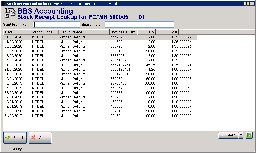 Stock Receipt Number Lookup Screen Stock Receipt Number Lookup Screen