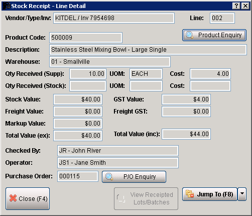 Stock Receipt - Line Detail Screen Stock Receipt - Line Detail Screen