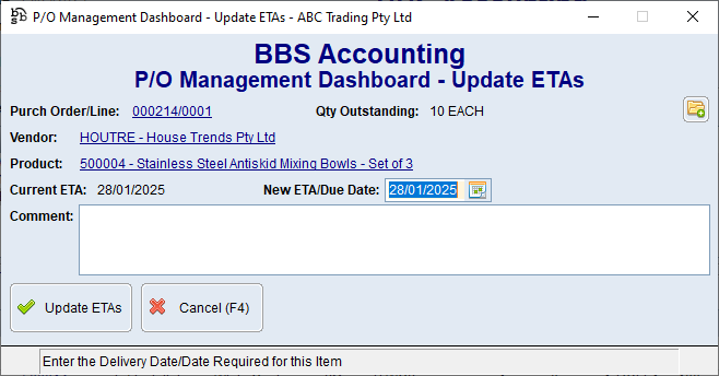 P/O Management Dashboard - Update ETAs screen P/O Management Dashboard - Update ETAs screen