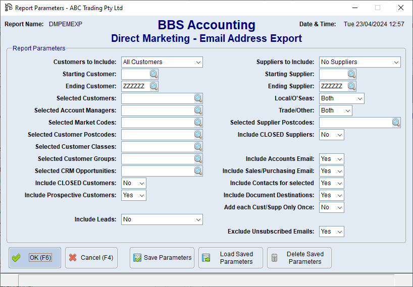 Direct Marketing - Email Address Export Screen Direct Marketing - Email Address Export Screen