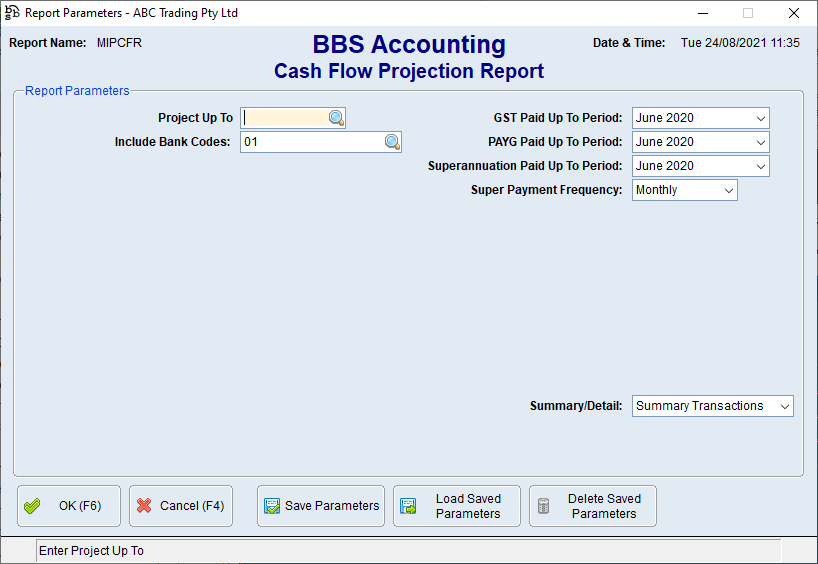 Cash Flow Projection Report Screen Cash Flow Projection Report Screen