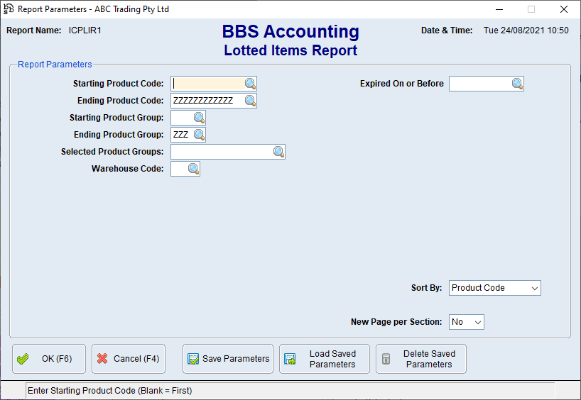 Lotted Items Report Screen Lotted Items Report Screen