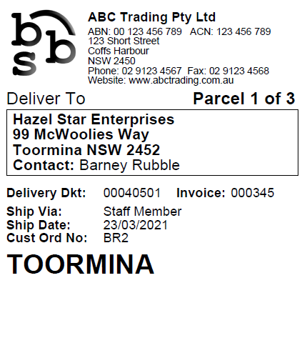 Example of 100 x 150 (A6) despatch label Example of 100 x 150 (A6) despatch label