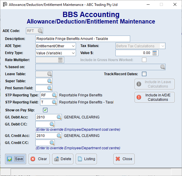 Reportable Fringe Benefits ADE Code - Taxable