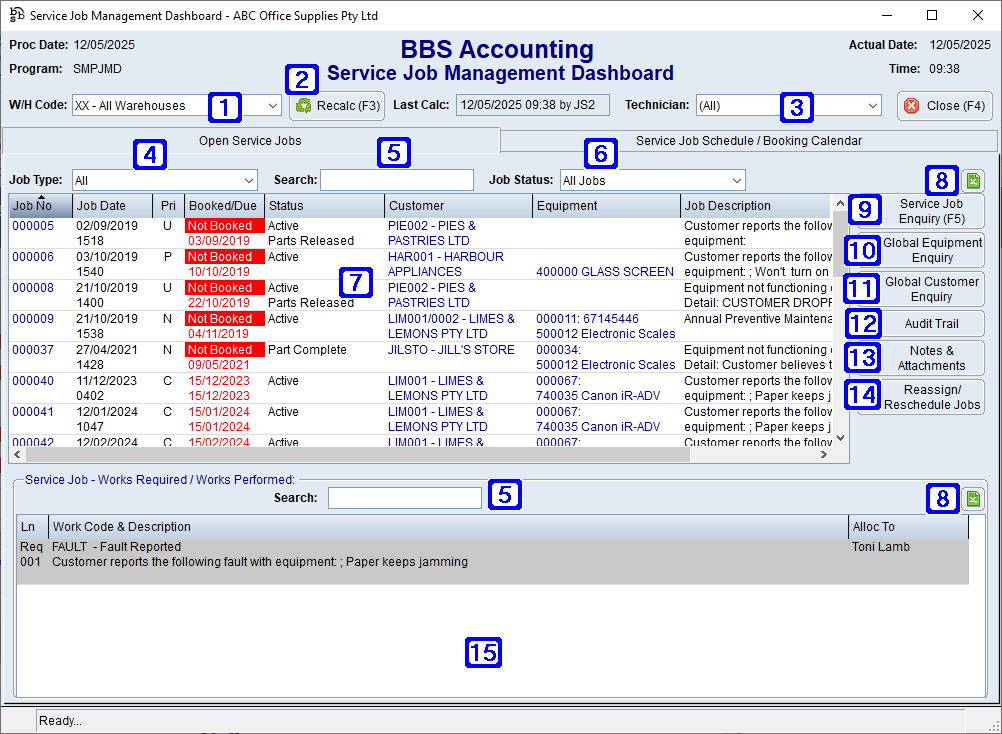 Service Job Management Dashboard - Open Service Jobs Screen