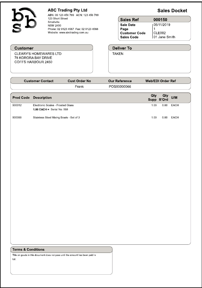 Example of Unpriced Sales Docket Example of Unpriced Sales Docket